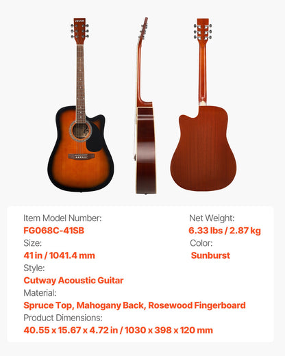 104,4 mm (41 tum) Cutway akustisk gitarr gigbag för nybörjare, vuxen, Sunburst