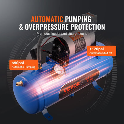 12V luftkompressor med tank 1,6 gallon/6 l, tåghornsluftkompressor, 120 psi arbetstryck inbyggt luftkompressorsystem för tåghorn, uppblåsning av däck, luftmadrasser