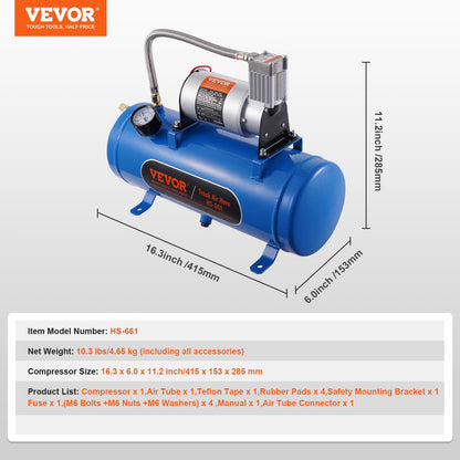 12V luftkompressor med tank 1,6 gallon/6 l, tåghornsluftkompressor, 120 psi arbetstryck inbyggt luftkompressorsystem för tåghorn, uppblåsning av däck, luftmadrasser