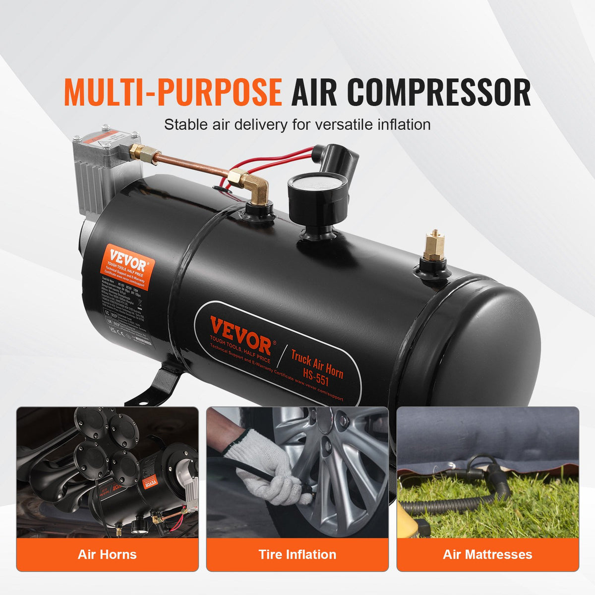 12V luftkompressor med tank 0,8 gallon/3 l, tåghornsluftkompressor, 120 psi arbetstryck inbyggt luftkompressorsystem för tåghorn, uppblåsning av däck, luftmadrasser