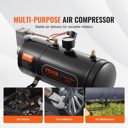 12V luftkompressor med tank 0,8 gallon/3 l, tåghornsluftkompressor, 120 psi arbetstryck inbyggt luftkompressorsystem för tåghorn, uppblåsning av däck, luftmadrasser