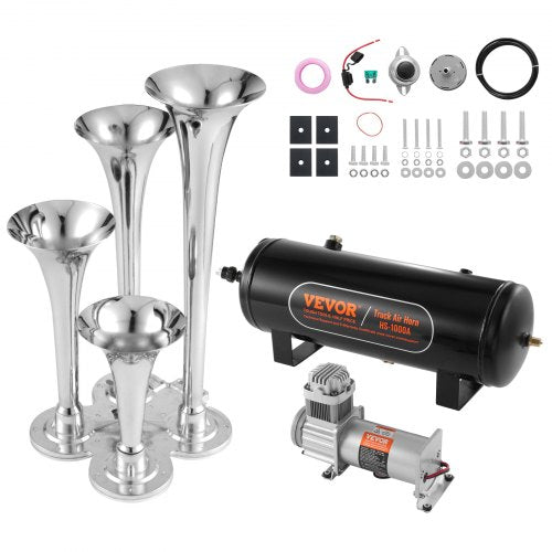 Tåghornssats, 4 trumpetlufthornssats, 150 dB tåghorn för pickupbilar, 12V 160 psi luftkompressor 2,6 gal/10 l tank med mätare för alla 12V fordon bil lastbil tåg skåpbil båt