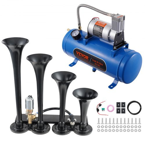 Tåghornssats, 4 trumpetlufthornssats, 150 dB tåghorn för pickupbilar, 12V 120 psi luftkompressor 1,6 gal/6 l tank med mätare för alla 12V fordon bil lastbil tåg skåpbil båt