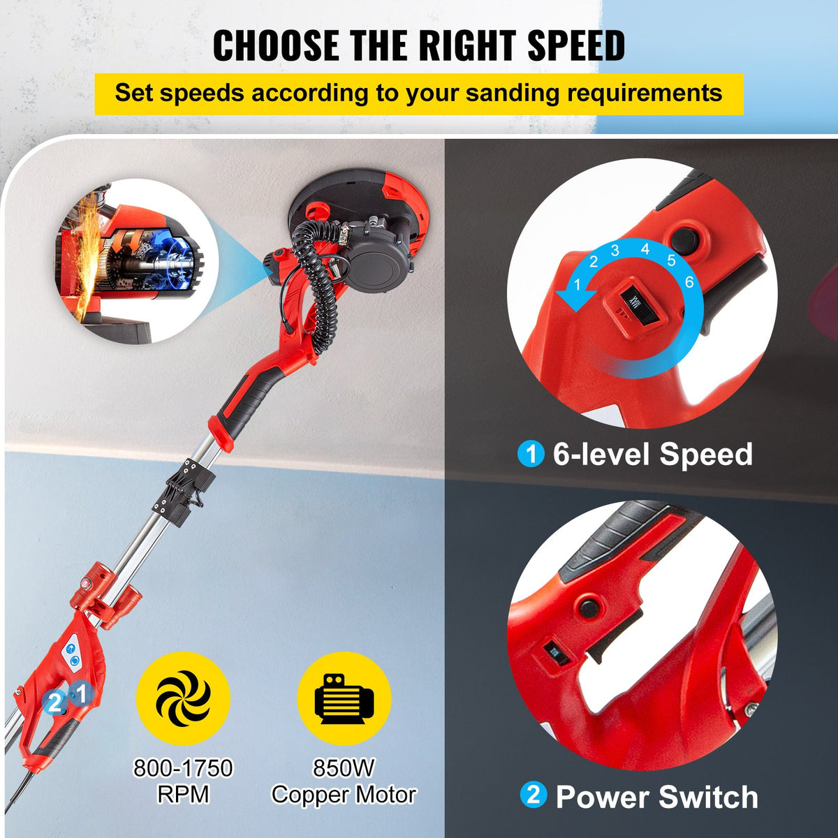Electric Drywall Sander 750W Drywall Sander Foldable Sheetrock Sander with Telescope Handle Electric Sander Variable Speed 800-1750RPM Wall Sander with LED Lights and Vacuum Bag, 6 Sand Pads