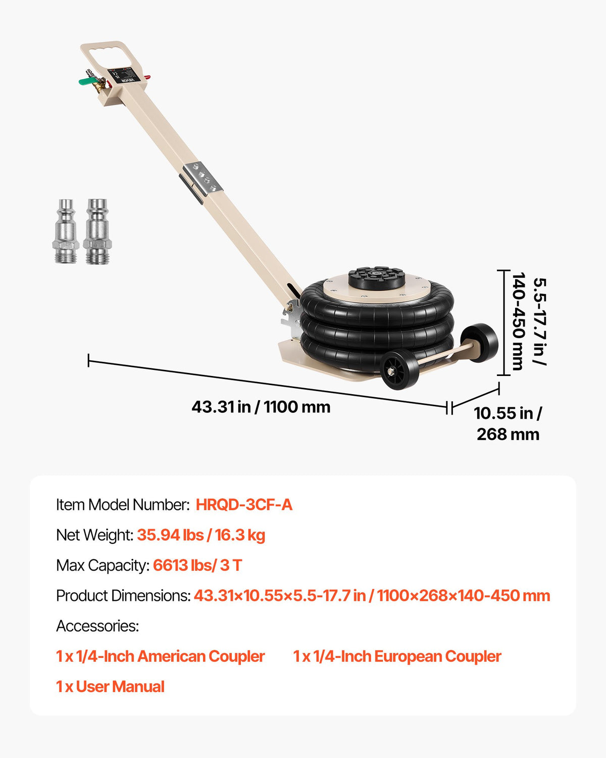 Air Jack, 3 Ton Triple Bag Air Jack, Airbag with Six Steel Pipes, Lift Up to 450 mm, 1-6 s Fast Lifting Pneumatic with Adjustable Long Handle & Rubber Pad for Cars, SUVs, Pickup Trucks Repair