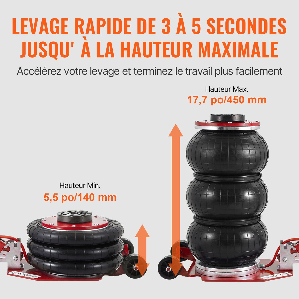 Air Jack, 3 Ton/3000 kg Triple Bag Air Jack, Airbag Jack with Six Steel Pipes, Lift up to 44.9 cm, 3-5 s Fast Lifting Pneumatic Jack, with Adjustable Long Handle for Cars, Garages, Repair (Red)