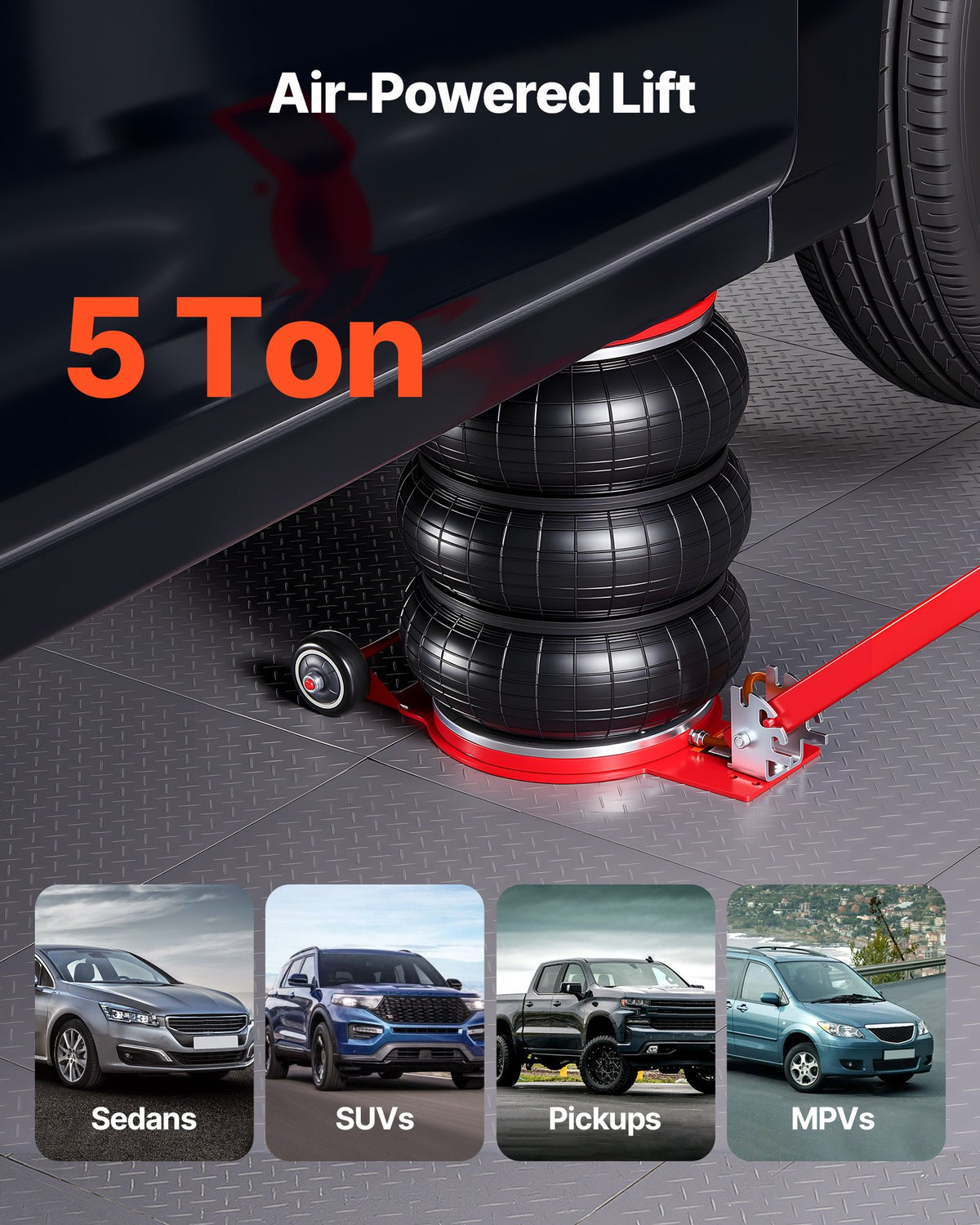 Air Jack, 5 Ton Triple Bag Air Jack, Airbag with Six Steel Pipes, Lift Up to 464 mm, 4-10 s Fast Lifting Pneumatic with Adjustable Long Handle & Rubber Pad for Cars, SUVs, Pickup Trucks Repair