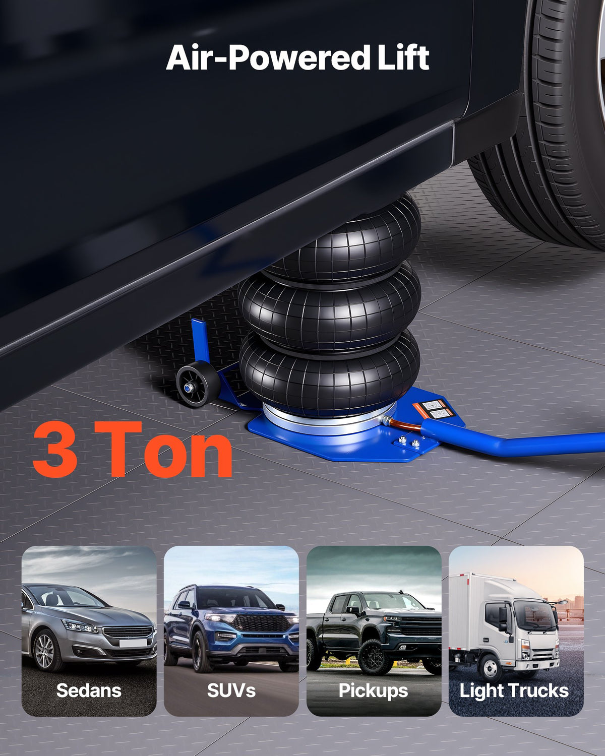 Air Jack, 3 Ton Triple Bag Air Jack, Airbag with Six Steel Pipes, Lift Up to 450 mm, 1-6 s Fast Lifting Pneumatic with Long Handle & Rubber Pad for Cars, SUVs, Pickup Trucks Repair, Garages