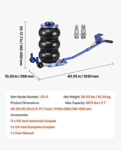 Air Jack, 3 Ton Triple Bag Air Jack, Airbag with Six Steel Pipes, Lift Up to 450 mm, 1-6 s Fast Lifting Pneumatic with Long Handle & Rubber Pad for Cars, SUVs, Pickup Trucks Repair, Garages