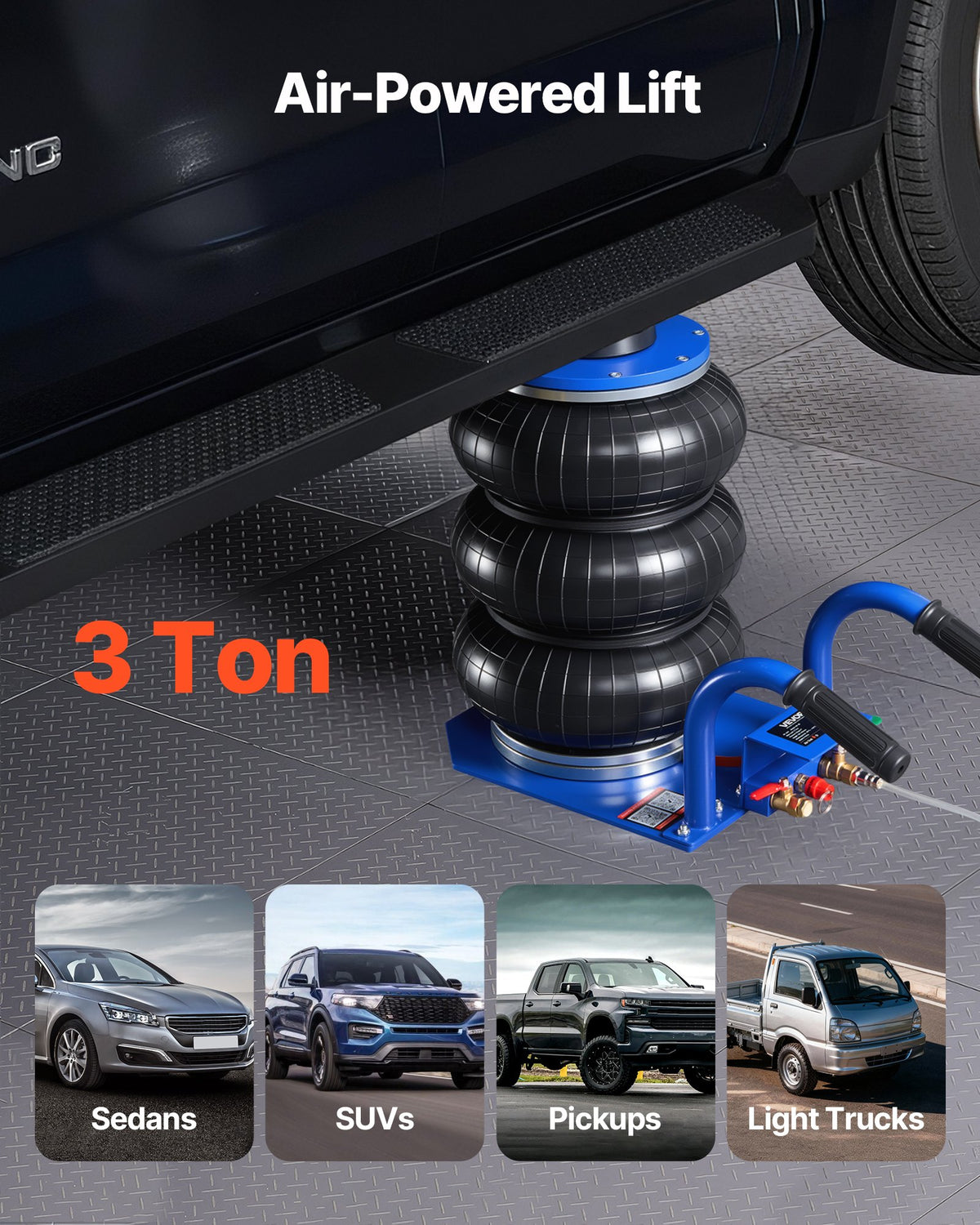 Air Jack, 3 Ton Triple Bag Air Jack, Airbag with Six Steel Pipes, Lift Up to 450 mm, 1-6 s Fast Lifting Pneumatic with Short Handles & Rubber Pad for Cars, SUVs, Pickup Trucks Repair, Garage