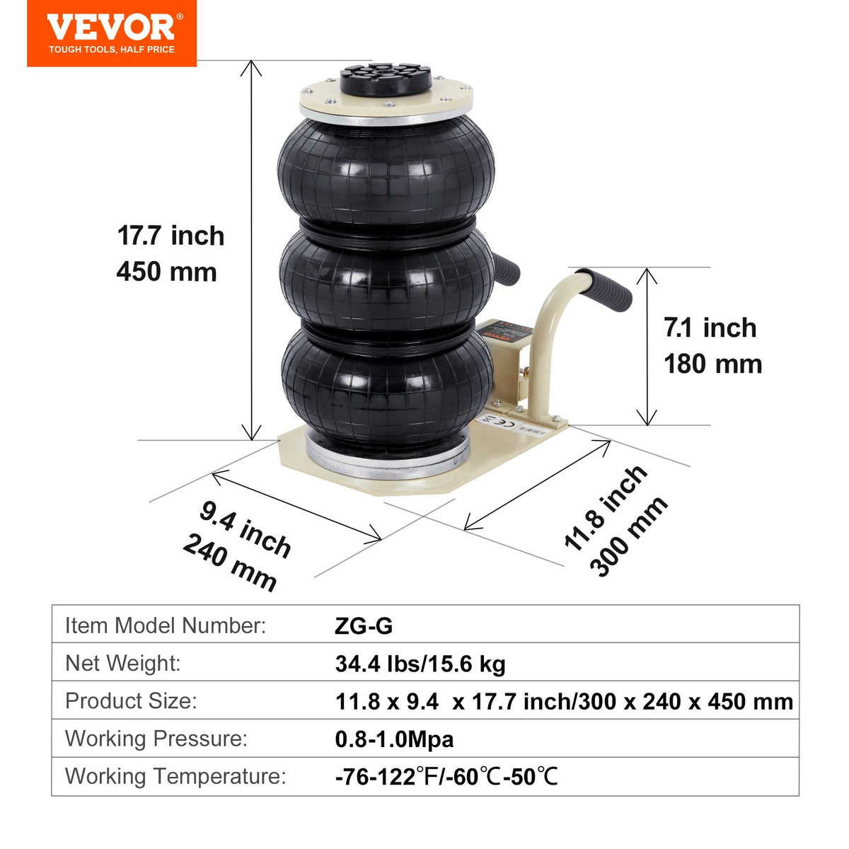 Luftdomkraft, 3 ton/6600 lbs trippelkuddsdomkraft, krockkuddedomkraft med sex stålrör, lyft upp till 17,7 tum/450 mm, 3-5 s snabblyftande pneumatisk domkraft, med sidohandtag för bil, garage, reparation (vit)