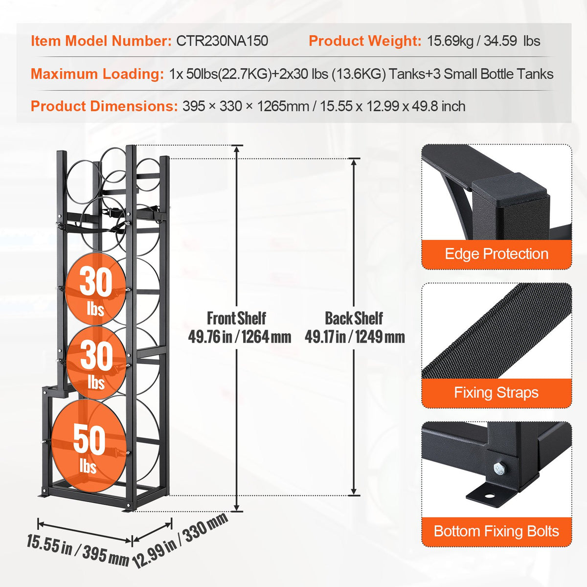 Kylmedelsbehållare, med 1 x 50lb, 2 x 30lb och 3 andra små flaskbehållare, Cylinderbehållare 15,55x12,99x49,8 tum, kylmedelsbehållare och hållare för freon, gaser, syre, kväve