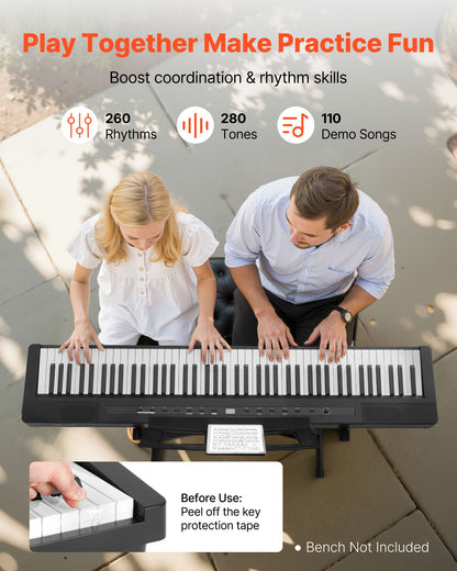 Viktat digitalpiano, 88 tangenter fullt viktade, elpiano med dubbla keyboards och högtalare med X-stativ, sustainpedal, inspelningsfunktion, 280 toner, trådlös anslutning, för nybörjare, svart