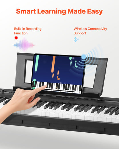Viktat digitalpiano, 88 tangenter fullt viktade, elpiano med dubbla keyboards och högtalare med X-stativ, sustainpedal, inspelningsfunktion, 280 toner, trådlös anslutning, för nybörjare, svart