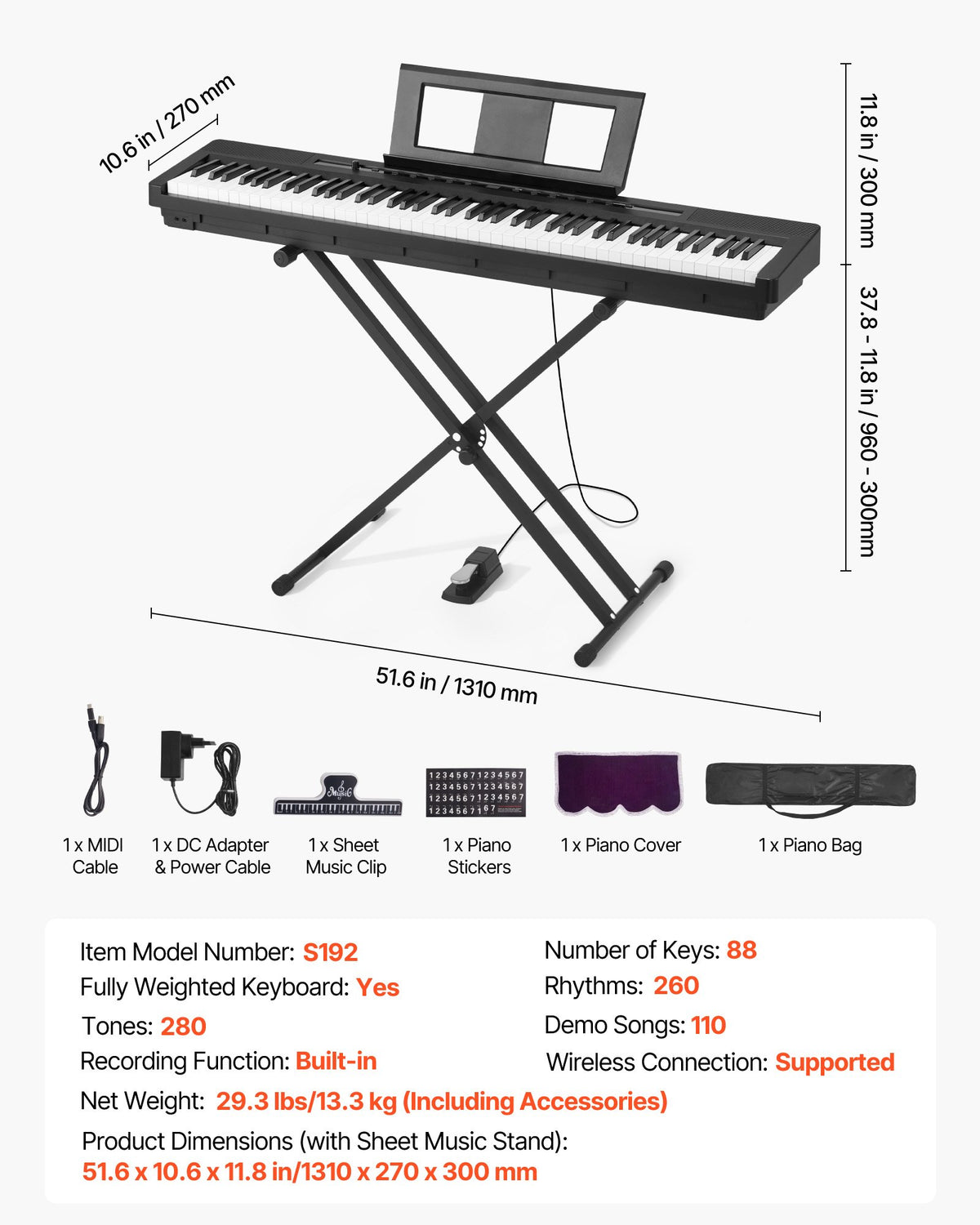 Viktat digitalpiano, 88 tangenter fullt viktade, elpiano med dubbla keyboards och högtalare med X-stativ, sustainpedal, inspelningsfunktion, 280 toner, trådlös anslutning, för nybörjare, svart