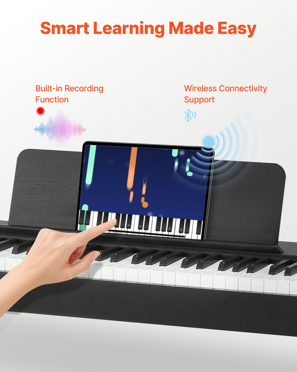 Viktat digitalpiano, 88 tangenter fullt viktade, elektriskt pianokeyboard med möbelstativ, nätadapter, trippelpedal, inspelningsfunktion, 280 toner, trådlös anslutning, för nybörjare, svart