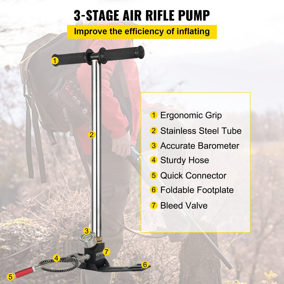 3-stegs handpump för stigbygel 4500 psi (0-30 MPa) luftgevärspump gevärspåfyllning stigbygelladdare PCP handpump luftgevär med högkvalitativt 301 rostfritt stål