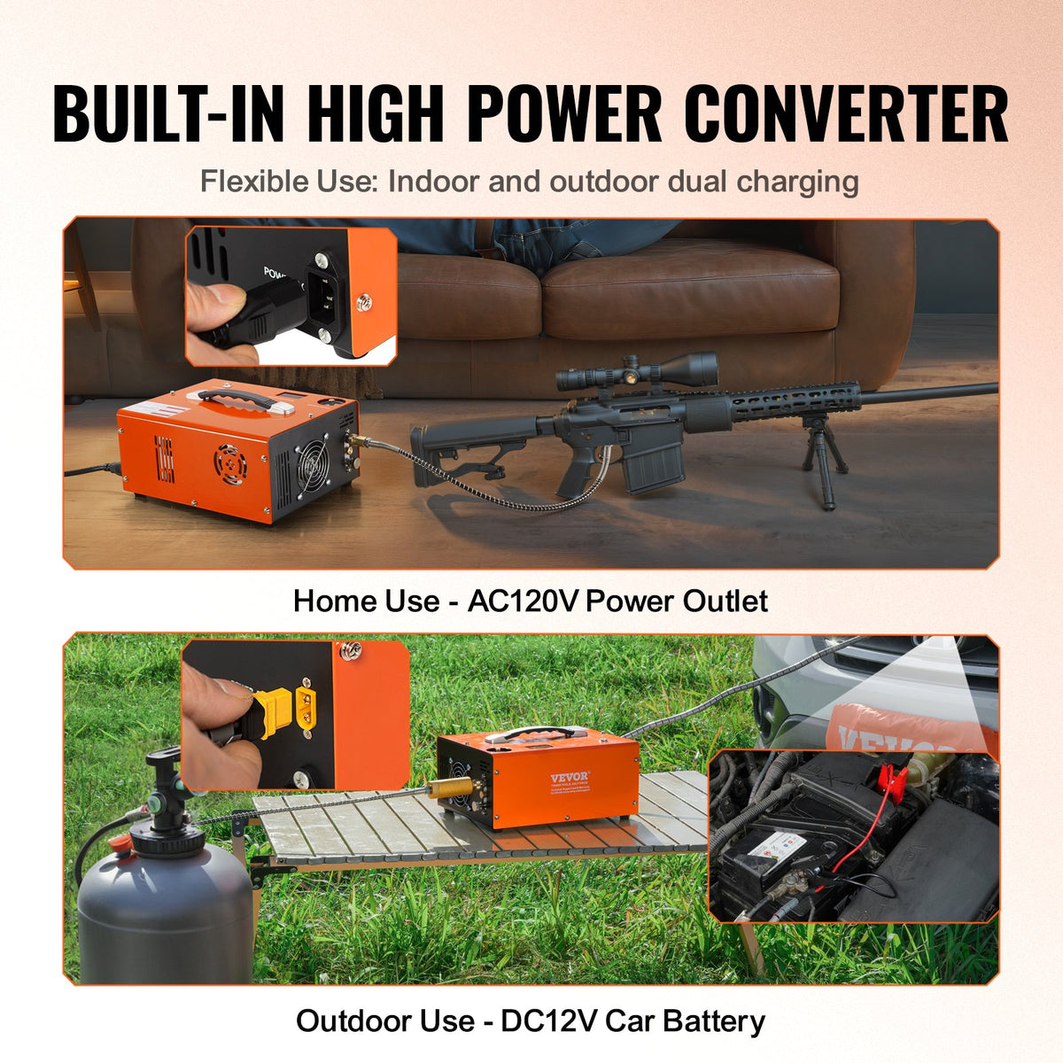 PCP-luftkompressor, 4500PSI bärbar PCP-luftgevärskompressor med inbyggd omvandlare, autostopp | DC12V/AC230V | Olje- och vattenfri paintballflaskkompressorpump för luftgevär, dykflaska