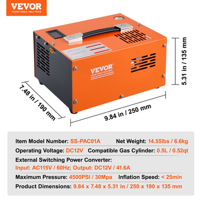 PCP-luftkompressor, 4500PSI/30Mpa bärbar PCP-luftgevärskompressor med extern omvandlare, DC12V, AC230V | Olje- och vattenfri | Manuellt avstängd luftgevärs-, paintball- och dykflaskkompressorpump