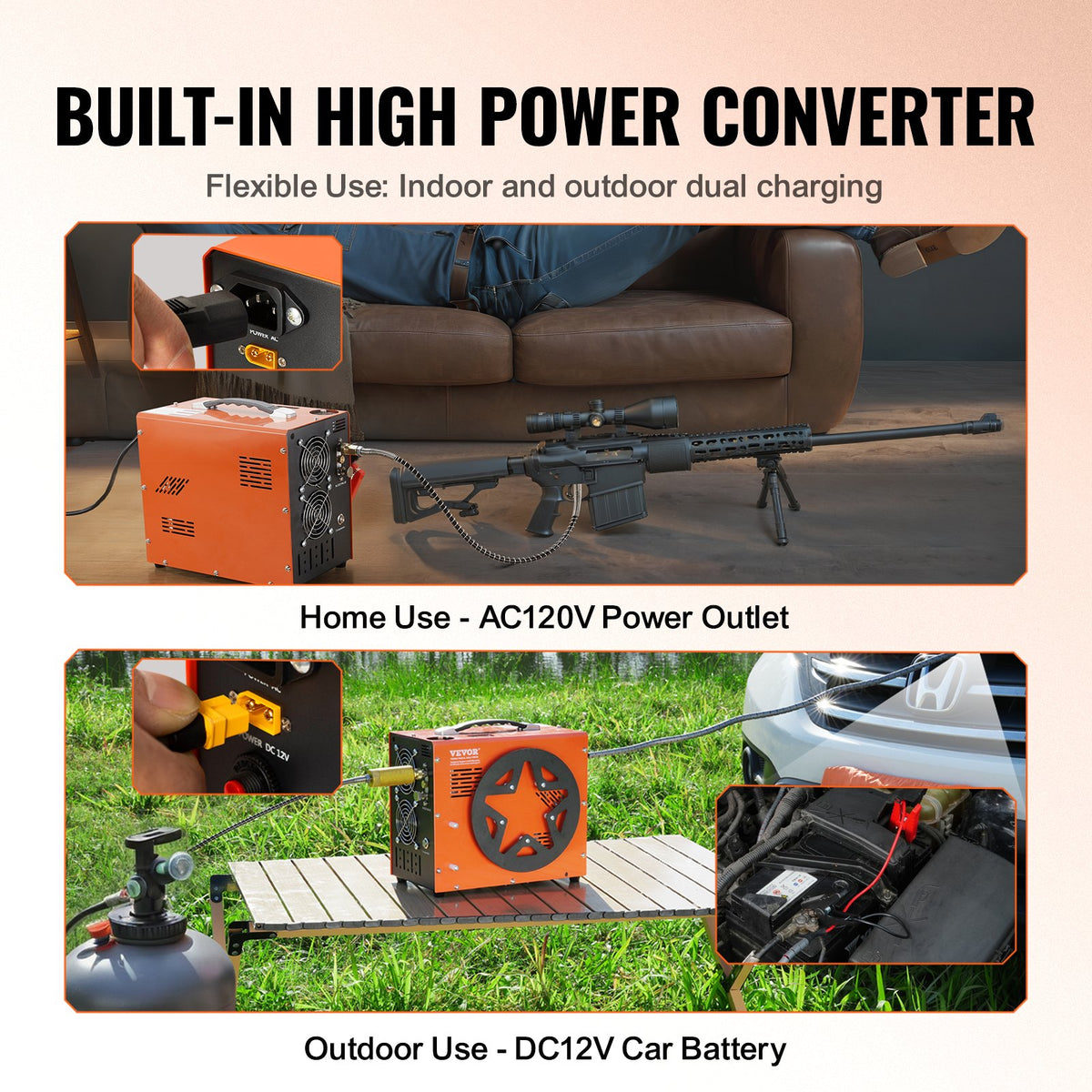 PCP-luftkompressor, 4500PSI/30Mpa bärbar PCP-luftgevärskompressor med inbyggd strömomvandlare, autostopp | DC12V/AC230V | Olje- och vattenfri kompressorpump för luftgevär, paintball och dykflaskor
