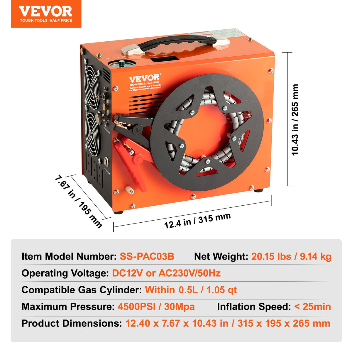 PCP-luftkompressor, 4500PSI/30Mpa bärbar PCP-luftgevärskompressor med inbyggd strömomvandlare, autostopp | DC12V/AC230V | Olje- och vattenfri kompressorpump för luftgevär, paintball och dykflaskor
