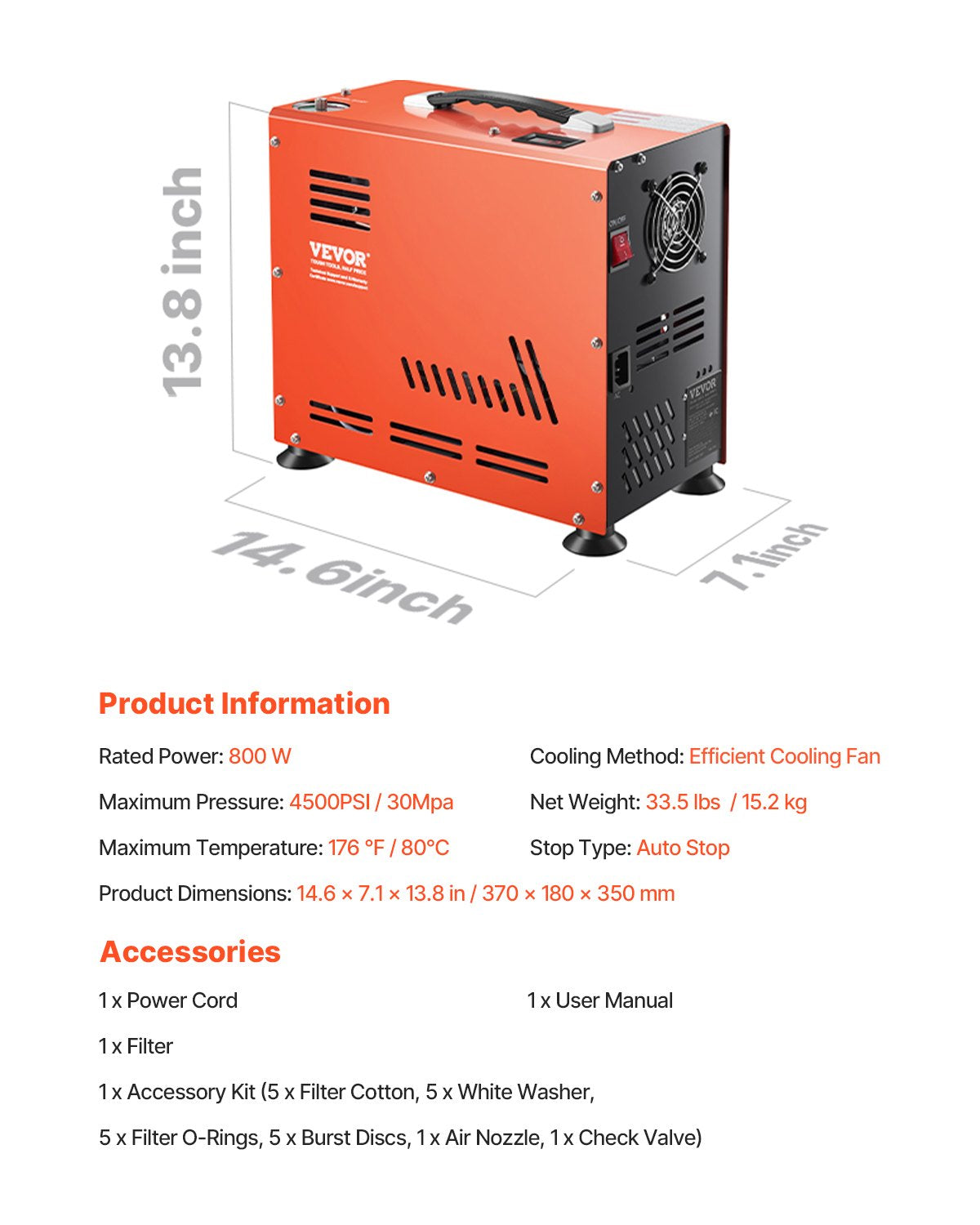 PCP-luftkompressor, 800W dubbelcylindrig PCP-luftgevärskompressor 4500PSI/30Mpa med inbyggt fläktkylsystem, autostopp | Oljefri paintballflaskkompressor för luftgevär, dykflaska