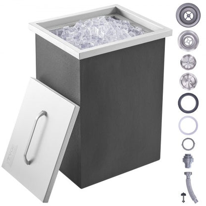 Nedsänkbar kylbox, 35 cm L x 30 cm B x 43 cm H rostfritt stål iskylare, kommersiell islåda med lock, 1,2 l isbar för utomhuskök, avloppsrör och avtappningsplugg ingår, för kallt vin och öl