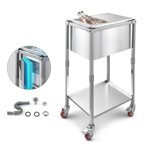 Rullande kylboxvagn, 20"L x 14"B x 38"H (510 x 360 x 970 mm) kylbox i rostfritt stål på hjul, 28L stående kylvagn för utomhusbruk med hyllplan, för uteplats, bakgård, festbar