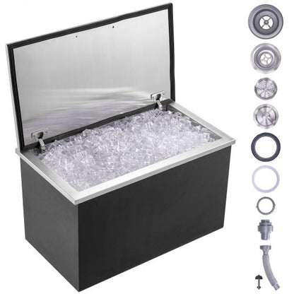 Nedsänkbar kylbox, 61 cm L x 51 cm B x 38 cm H Iskylare i rostfritt stål, kommersiell islåda med gångjärnsförsett lock, 1,2 liter isbar för utomhuskök, avloppsrör och avtappningsplugg ingår, för kallt vin och öl