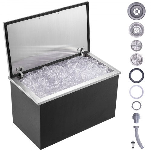Nedsänkbar kylbox, 61 cm L x 51 cm B x 38 cm H Iskylare i rostfritt stål, kommersiell islåda med gångjärnsförsett lock, 1,2 liter isbar för utomhuskök, avloppsrör och avtappningsplugg ingår, för kallt vin och öl