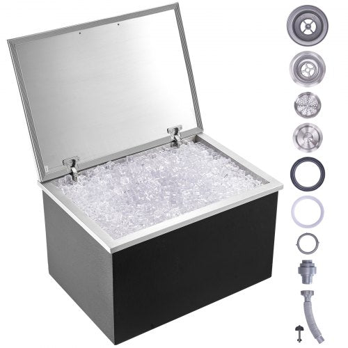 Nedsänkbar kylbox, 68 cm L x 51 cm B x 43 cm H Iskylare i rostfritt stål, kommersiell islåda med gångjärnsförsett lock, 1,2 l isbar för utomhuskök, avloppsrör och avtappningsplugg ingår, för kallt vin och öl