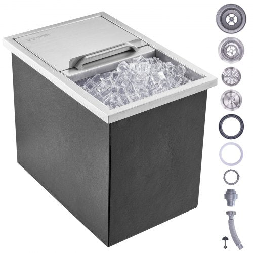 Nedsänkbar kylbox, 46 cm L x 30,5 cm B x 36,8 cm H Iskylare i rostfritt stål, kommersiell islåda med skjutbart lock, 38,7 l isbar för utomhuskök, avloppsrör och avtappningsplugg ingår, för kallt vin och öl