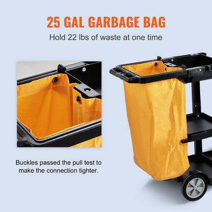 Cleaning Cart, 3-Shelf Commercial Janitorial Cart, 200 lbs Capacity Plastic Housekeeping Cart, with 25 Gallon PVC Bag, 120 x 51 x 98 cm, Yellow+Black