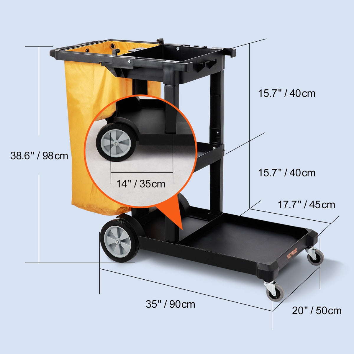 Cleaning Cart, 3-Shelf Commercial Janitorial Cart, 200 lbs Capacity Plastic Housekeeping Cart, with 25 Gallon PVC Bag, 120 x 51 x 98 cm, Yellow+Black