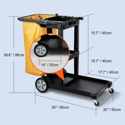 Cleaning Cart, 3-Shelf Commercial Janitorial Cart, 200 lbs Capacity Plastic Housekeeping Cart, with 25 Gallon PVC Bag, 120 x 51 x 98 cm, Yellow+Black