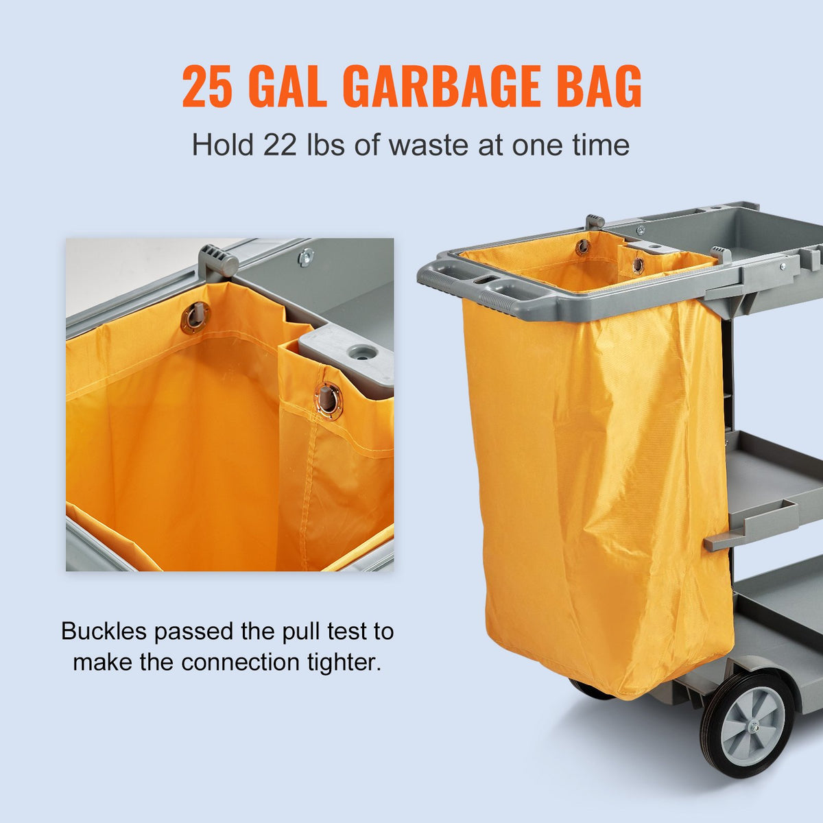 Cleaning Cart, 3-Shelf Commercial Janitorial Cart, 200 lbs Capacity Plastic Housekeeping Cart, with 25 Gallon PVC Bag, 120 x 51 x 98 cm, Yellow+Grey