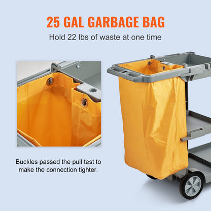 Cleaning Cart, 3-Shelf Commercial Janitorial Cart, 200 lbs Capacity Plastic Housekeeping Cart, with 25 Gallon PVC Bag, 120 x 51 x 98 cm, Yellow+Grey
