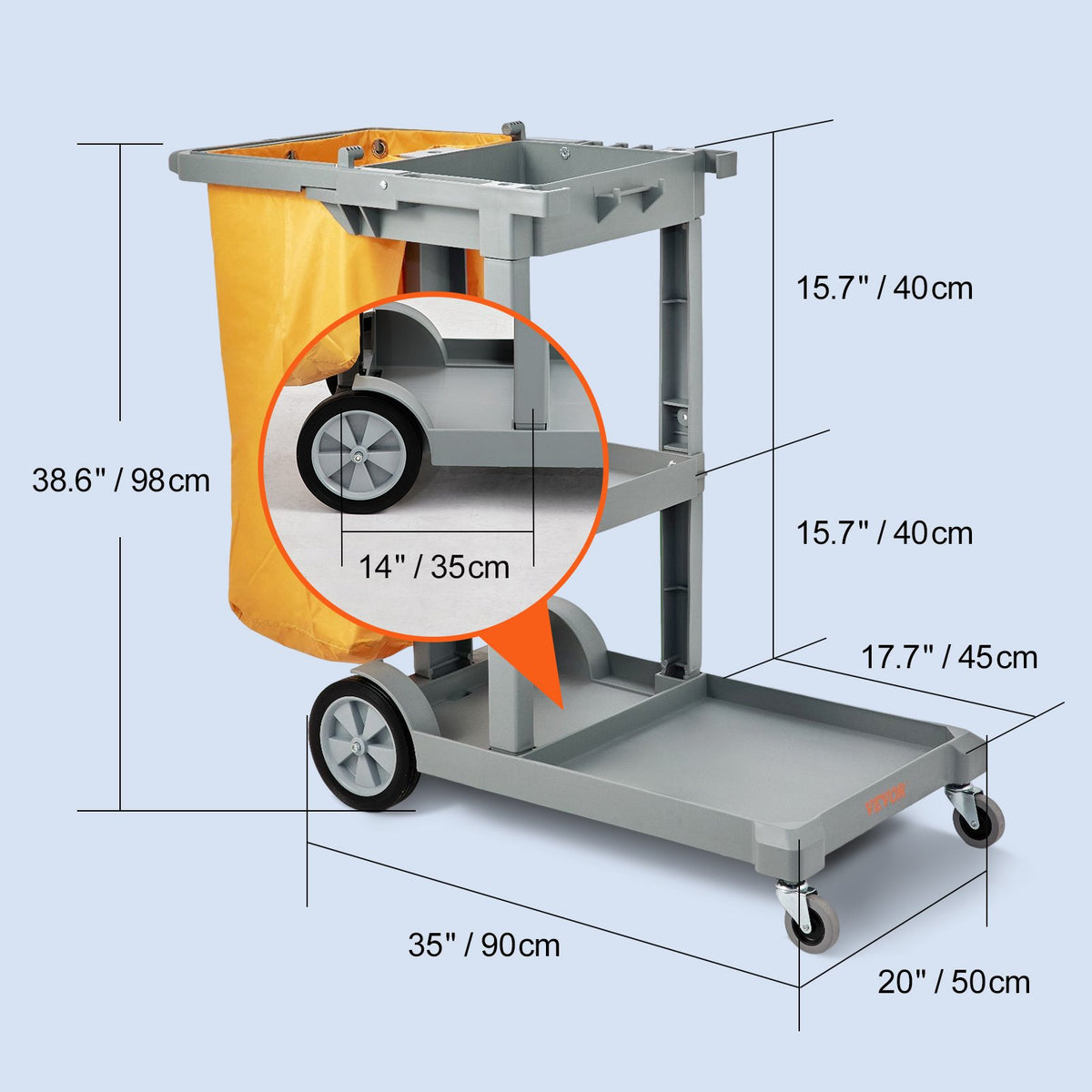Cleaning Cart, 3-Shelf Commercial Janitorial Cart, 200 lbs Capacity Plastic Housekeeping Cart, with 25 Gallon PVC Bag, 120 x 51 x 98 cm, Yellow+Grey