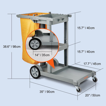Cleaning Cart, 3-Shelf Commercial Janitorial Cart, 200 lbs Capacity Plastic Housekeeping Cart, with 25 Gallon PVC Bag, 120 x 51 x 98 cm, Yellow+Grey