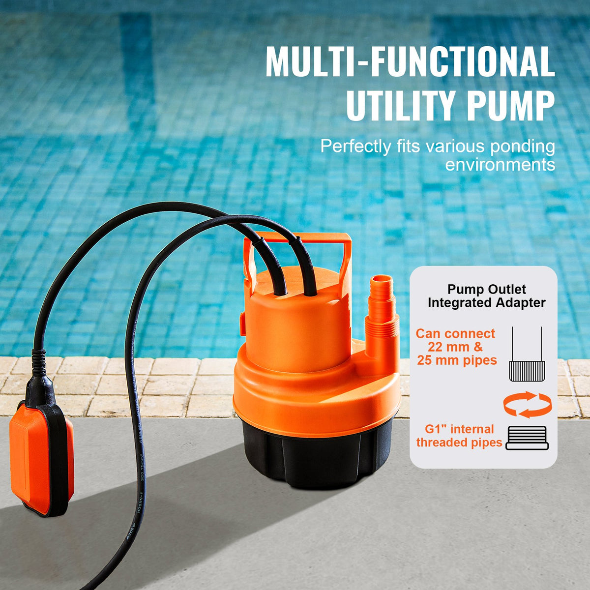 Dränkbar vattenpump för allmännyttiga ändamål, 320 W, 1585 GPH/6002 LPH, 7 m tryckhöjd, vattenpump