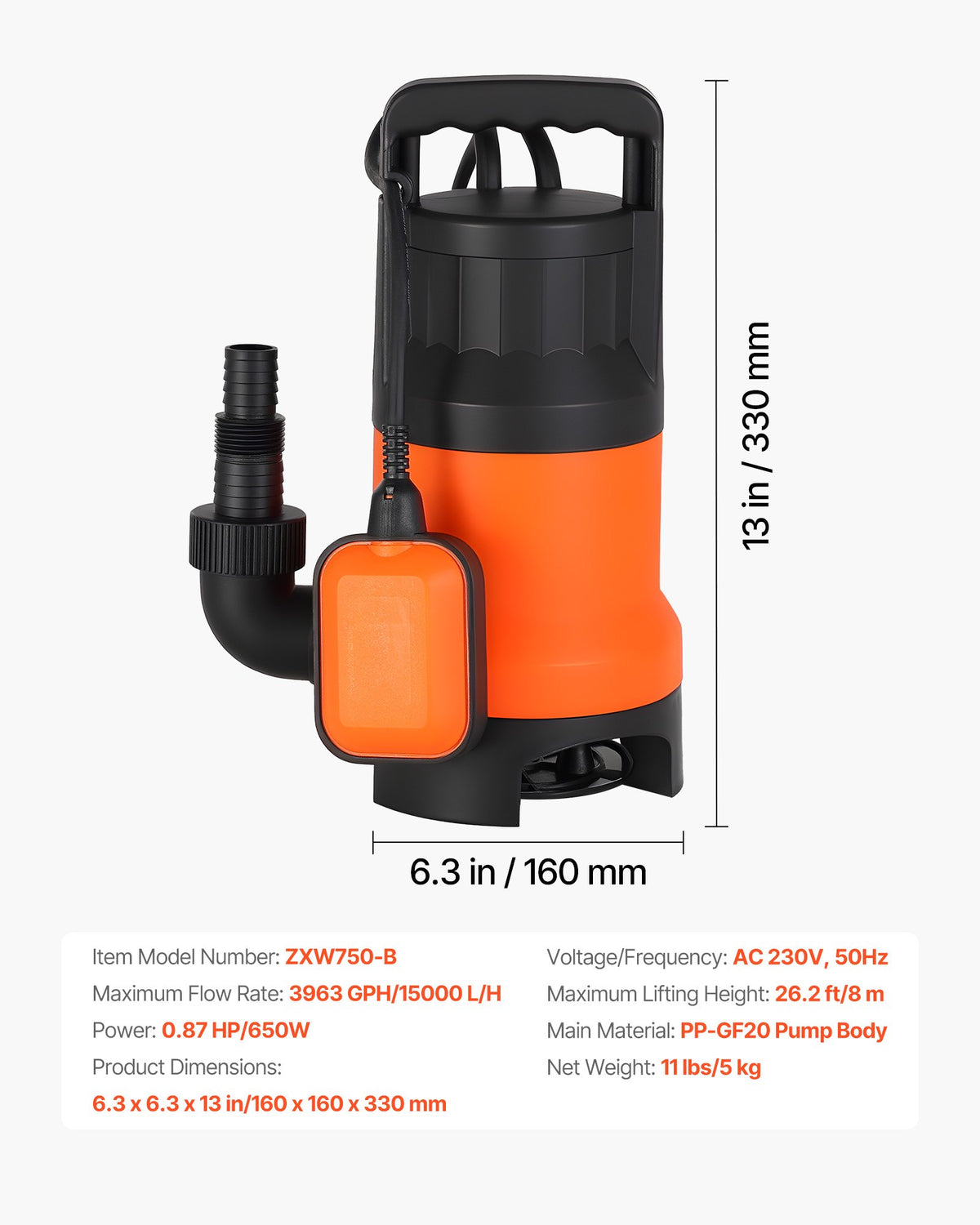 650W dränkbar sumppump, 15000 l/h, PP-GF20 dränkbar avloppspump för smutsigt rent vatten med automatisk flottörbrytare, lång sladd, 8 m maxlyft, för pooler, trädgårdar, dammar, översvämmade områden