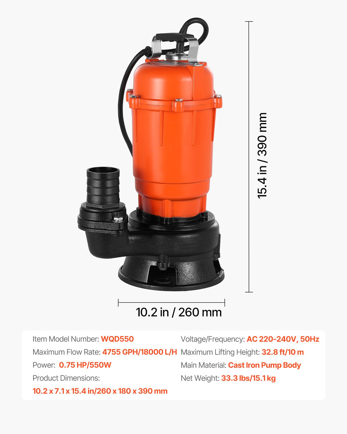 550W dränkbar avloppspump, 18000 l/h, dränkbar avloppspump i gjutjärn med 5 cm utlopp, 10 m maxlyft, dränerar smutsigt rent vatten, för pooler, trädgård, dammar, källare, översvämmade områden