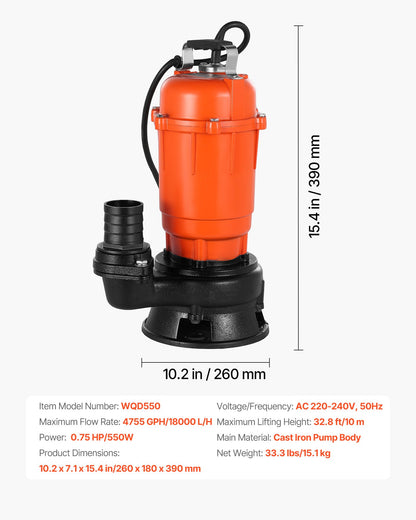 550W dränkbar avloppspump, 18000 l/h, dränkbar avloppspump i gjutjärn med 5 cm utlopp, 10 m maxlyft, dränerar smutsigt rent vatten, för pooler, trädgård, dammar, källare, översvämmade områden