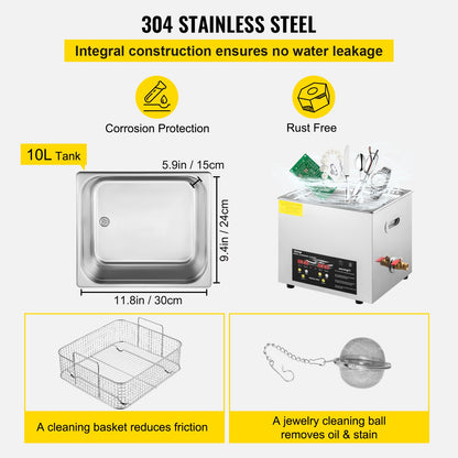 10L uppgraderad ultraljudsrengörare (400W värmare, 240W ultraljud) Professionell digital ultraljudsrengörare för laboratoriebruk med värmartimer för rengöring av delar och instrument