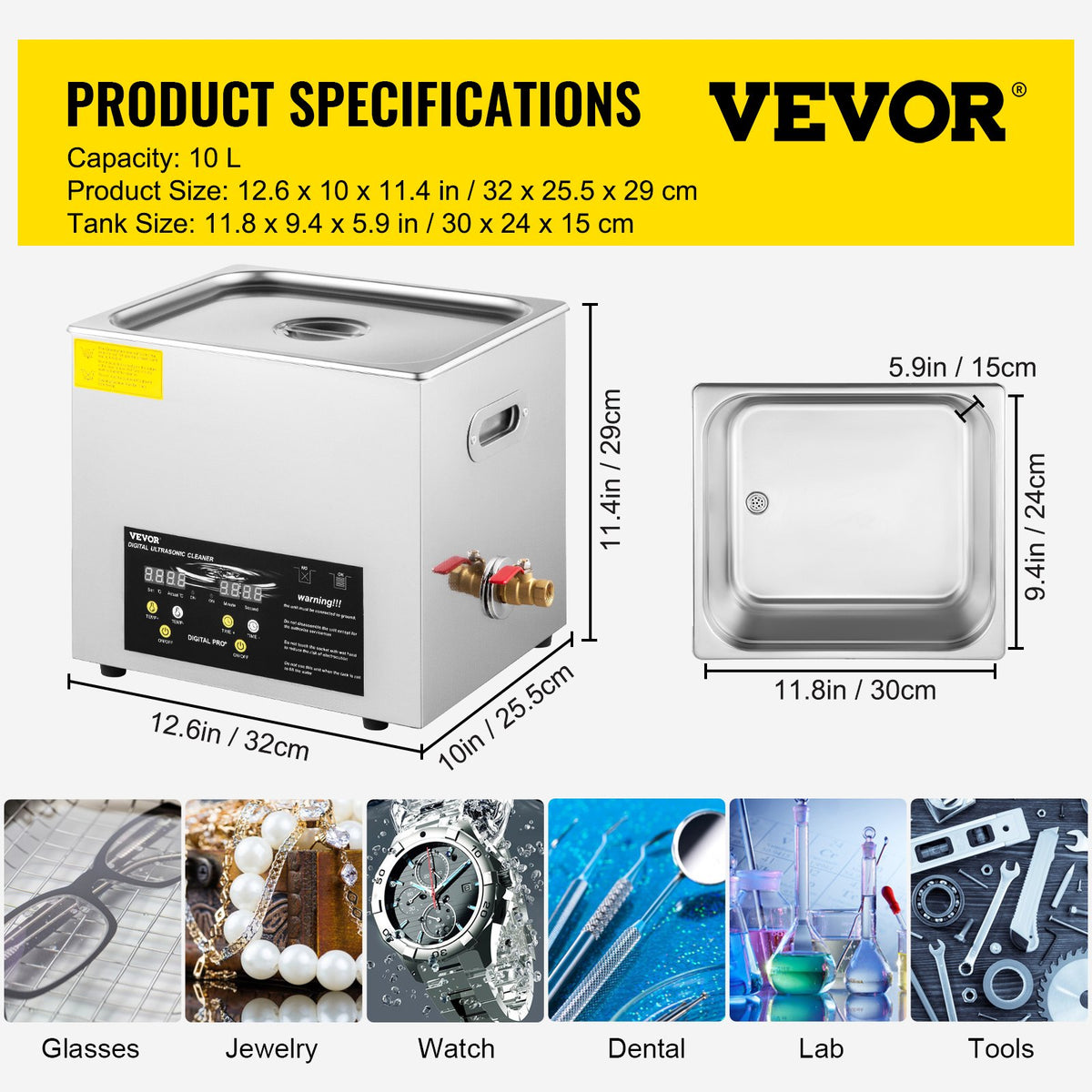 10L uppgraderad ultraljudsrengörare (400W värmare, 240W ultraljud) Professionell digital ultraljudsrengörare för laboratoriebruk med värmartimer för rengöring av delar och instrument