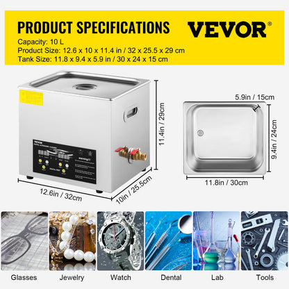 10L uppgraderad ultraljudsrengörare (400W värmare, 240W ultraljud) Professionell digital ultraljudsrengörare för laboratoriebruk med värmartimer för rengöring av delar och instrument