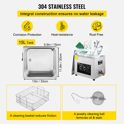 15L uppgraderad ultraljudsrengörare (600W värmare, 360W ultraljud) Professionell digital ultraljudsrengörare för laboratoriedelar med värmetimer för rengöring av glasinstrument