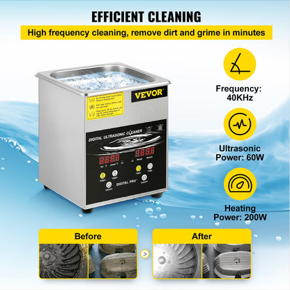 2L uppgraderad ultraljudsrengörare (100W värmare 60W ultraljud) Professionell digital ultraljudsrengörare för laboratorier med värmetimer för rengöring av smycken och glasögon