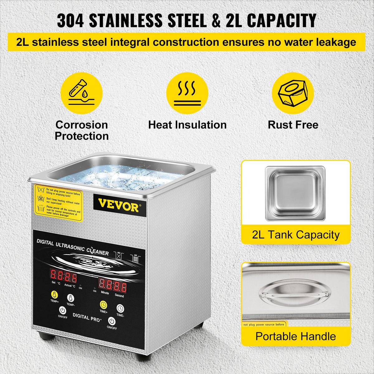 2L uppgraderad ultraljudsrengörare (100W värmare 60W ultraljud) Professionell digital ultraljudsrengörare för laboratorier med värmetimer för rengöring av smycken och glasögon