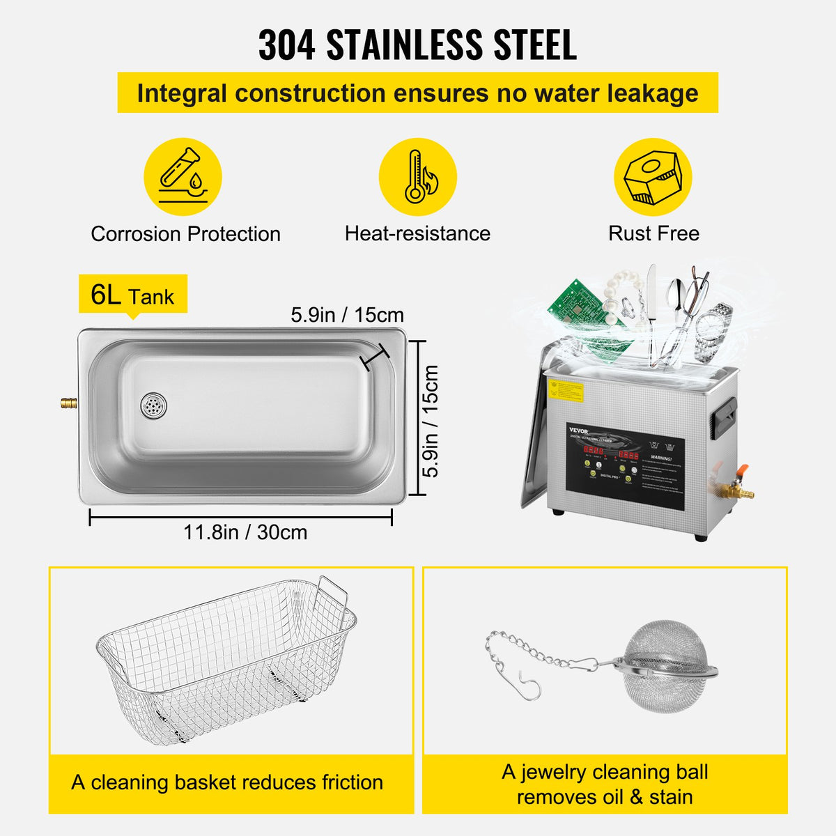 6L uppgraderad ultraljudsrengörare (400W värmare, 180W ultraljud) Professionell digital ultraljudsrengörare för labb med värmetimer för rengöring av smycken, glasögon och instrument